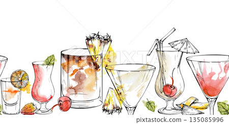 Tropical cocktail drinks, strawberry milkshake, pineapple Pina Colada, iced tea or Mai Tai, martini and Flatliner. Watercolor and ink seamless header hand drawn for menu dividers or food blog visuals. Tropical cocktail drinks, strawberry milkshake, pineapple Pina Colada, iced tea or Mai Tai, martini and Flatliner. Watercolor and ink seamless header hand drawn for menu dividers or food blog visuals. 135085996