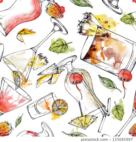Mix of summer tropical drinks, creamy Pina colada cocktail, strawberry milkshake. Ink outline on watercolor. Seamless hand drawn pattern of shot glasses. Bar signage, flyers, celebration art prints. Mix of summer tropical drinks, creamy Pina colada cocktail, strawberry milkshake. Ink outline on watercolor. Seamless hand drawn pattern of shot glasses. Bar signage, flyers, celebration art prints. 135085997