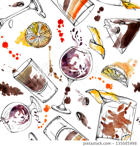 Seamless pattern of espresso martini, B-52 and beer shots, Old-fashioned or Negroni cocktail with coffee beans and orange juice splatter. Watercolor and ink hand drawn for menu, fabric or print decor. Seamless pattern of espresso martini, B-52 and beer shots, Old-fashioned or Negroni cocktail with coffee beans and orange juice splatter. Watercolor and ink hand drawn for menu, fabric or print decor. 135085998