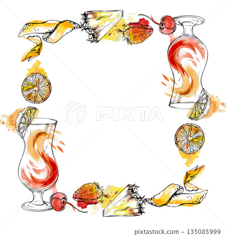 Sunset cocktail frame, tequila sunrise watercolor swirl in hurricane ink glass, with fruity frame of orange zest, pineapple wedge, strawberry and cherry berries. Hand drawn for branding and menu art. Sunset cocktail frame, tequila sunrise watercolor swirl in hurricane ink glass, with fruity frame of orange zest, pineapple wedge, strawberry and cherry berries. Hand drawn for branding and menu art. 135085999
