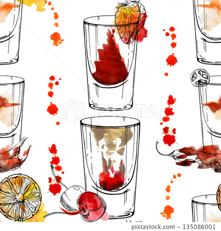 Bloody Mary, Brain Hemorrhage, tabasco Flatliner, citrus juice splatter lines, Watercolor wash and ink seamless pattern of shots hand drawn for recipe blogs, wrapping kits, digital product templates. Bloody Mary, Brain Hemorrhage, tabasco Flatliner, citrus juice splatter lines, Watercolor wash and ink seamless pattern of shots hand drawn for recipe blogs, wrapping kits, digital product templates. 135086001