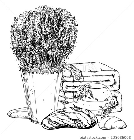 Bath bomb, soap and towels, massage meditation stones, metal cachepot of lavender sprigs. Isolated illustration hand drawn in vector ink. Skincare branding, cosmetic tag, herbal wellness spa design 135086008