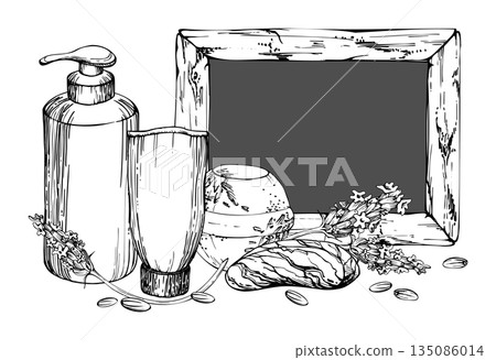 Framed vintage chalkboard, bath bomb and soap, lavender sprigs seeds, shampoo gel cream bottles. Isolated illustration hand drawn in vector ink. Spa product packaging, self-care beauty blog, wellness Framed vintage chalkboard, bath bomb and soap, lavender sprigs seeds, shampoo gel cream bottles. Isolated illustration hand drawn in vector ink. Spa product packaging, self-care beauty blog, wellness 135086014