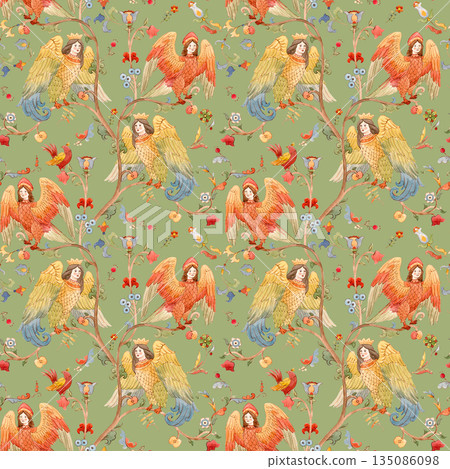 Seamless Slavic Folk Pattern with Alkonost Birds, Floral Ornaments and Mythological Tree of Life 135086098