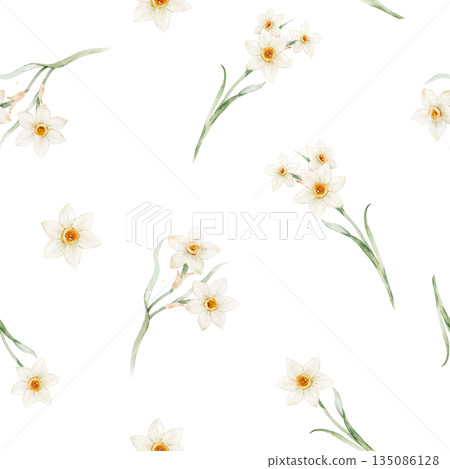 Seamless Watercolor Daffodil Floral Pattern with White Spring Flowers Seamless Watercolor Daffodil Floral Pattern with White Spring Flowers 135086128
