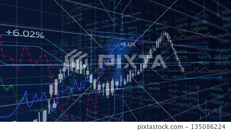 Displaying white candlestick chart on dark grid interface, with line graphs and percentage labels Displaying white candlestick chart on dark grid interface, with line graphs and percentage labels 135086224