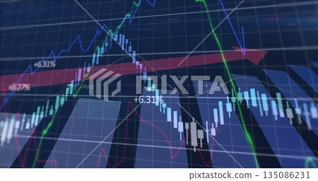 Displaying financial chart on blue grid, with candlestick bars, trend lines and red arrow Displaying financial chart on blue grid, with candlestick bars, trend lines and red arrow 135086231