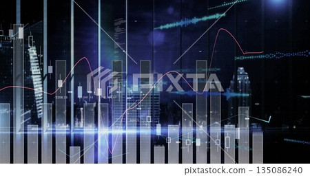 Displaying digital dashboard showing night skyline with bars, candlesticks, line graphs and labels 135086240