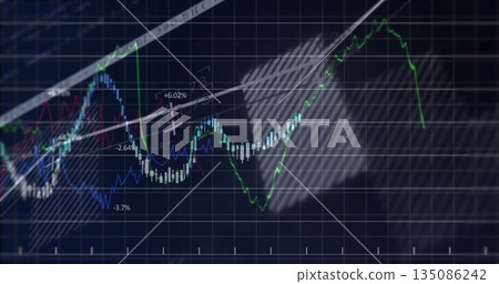 Displaying chart on data screen with candlesticks line graphs and trendline projecting hatched zone Displaying chart on data screen with candlesticks line graphs and trendline projecting hatched zone 135086242