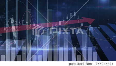 Displaying financial chart with 3D bars, candlesticks, line graphs and red arrow over lit skyline 135086243