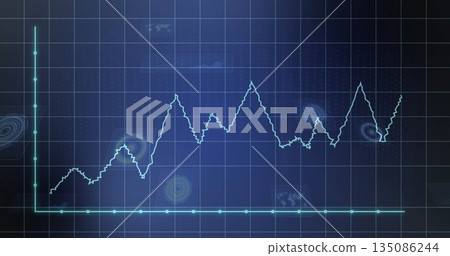 Displaying jagged turquoise line graph on futuristic grid, with axis markers and data holograms Displaying jagged turquoise line graph on futuristic grid, with axis markers and data holograms 135086244
