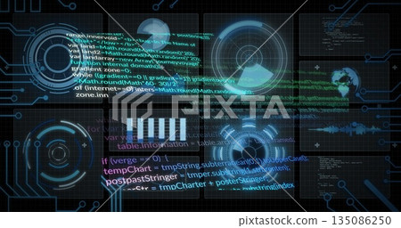 Presenting digital HUD interface streaming code over grid backdrop, with bar chart and world map Presenting digital HUD interface streaming code over grid backdrop, with bar chart and world map 135086250