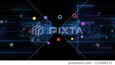 Connecting neon-blue circuit clusters converging in data grid, with floating colored shapes 135086251