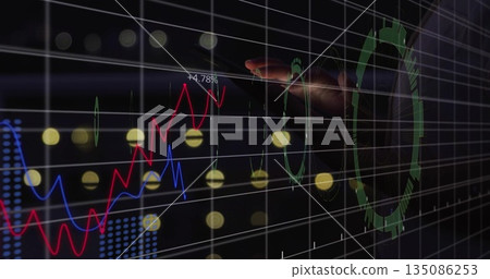 Outstretched hand controlling digital interface with line graphs and nodes, copy space Outstretched hand controlling digital interface with line graphs and nodes, copy space 135086253