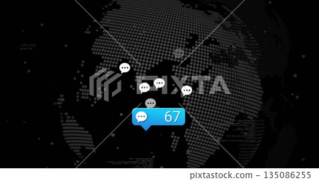 Blue chat notification bubble showing 67 floating over dotted Earth in data UI, with chat icons Blue chat notification bubble showing 67 floating over dotted Earth in data UI, with chat icons 135086255