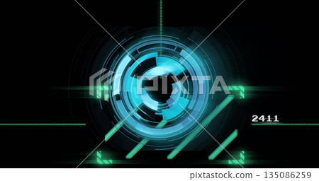 Showing hologram circular HUD in virtual interface featuring rings arcs bars gridlines label 2411 135086259