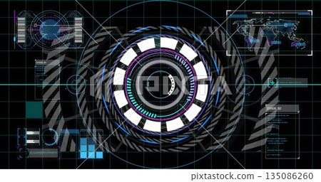 Displaying central circular reticle scanning HUD environment with grid, world map and data overlays 135086260