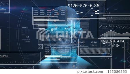 Displaying blue wireframe head scanning digital interface, with floating UI panels and charts Displaying blue wireframe head scanning digital interface, with floating UI panels and charts 135086263