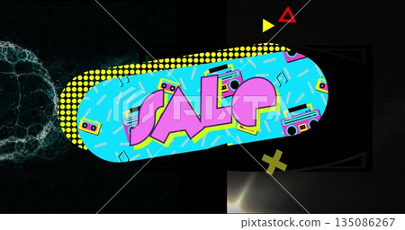 Displaying turquoise SALE oval in design with boombox, tapes, accents, music notes, halftone dots Displaying turquoise SALE oval in design with boombox, tapes, accents, music notes, halftone dots 135086267