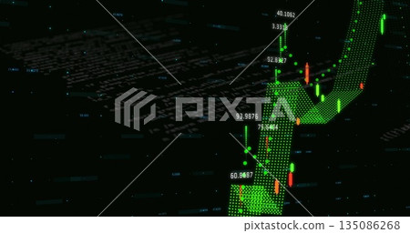 Showing 3D green arrow rising on trading dashboard with candlestick bars, floating code, copy space Showing 3D green arrow rising on trading dashboard with candlestick bars, floating code, copy space 135086268