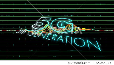 Displaying glowing neon 5G GENERATION text in digital space, with green grid lines and waveform Displaying glowing neon 5G GENERATION text in digital space, with green grid lines and waveform 135086273