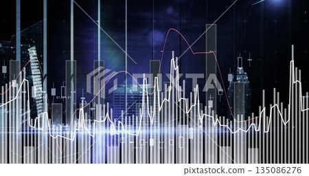 Showing financial charts over night skyline, with candlesticks and vertical bars plus line graphs Showing financial charts over night skyline, with candlesticks and vertical bars plus line graphs 135086276