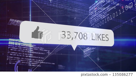 Floating speech bubble UI showing thumbs-up icon and 33,708 LIKES over dark digital code grid Floating speech bubble UI showing thumbs-up icon and 33,708 LIKES over dark digital code grid 135086277
