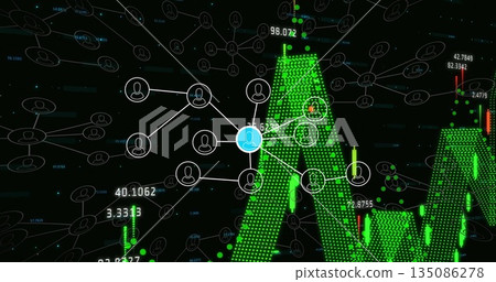 Showing central node connecting nodes with green dotted line and candlesticks on screen, copy space Showing central node connecting nodes with green dotted line and candlesticks on screen, copy space 135086278