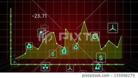 Displaying glowing colored area chart in 3D grid data room, with renewable energy and finance icons Displaying glowing colored area chart in 3D grid data room, with renewable energy and finance icons 135086279