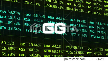Showing stylized bright white GG logo glowing at digital grid screen with tickers and percentages 135086290