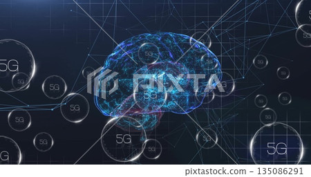 Glowing digital brain pulsing with neon network lines in high-tech data grid, with 5G spheres Glowing digital brain pulsing with neon network lines in high-tech data grid, with 5G spheres 135086291