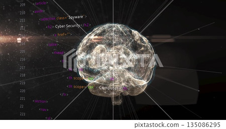 Floating brain hologram glowing across virtual security interface, with HTML code and light rays Floating brain hologram glowing across virtual security interface, with HTML code and light rays 135086295