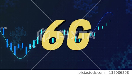Showing golden-yellow 6G text on digital background with teal bars, trend line and numeric labels 135086298