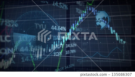 Displaying finance data on trading terminal candlestick bars, trend line, radar HUD, globe overlay Displaying finance data on trading terminal candlestick bars, trend line, radar HUD, globe overlay 135086307