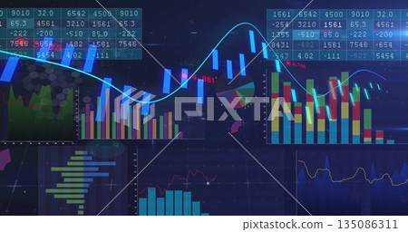 Displaying financial dashboard onscreen with tables and bar charts, cyan trend line, pie segments Displaying financial dashboard onscreen with tables and bar charts, cyan trend line, pie segments 135086311