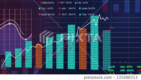 Displaying data chart tracing market trends on trading screen, with segmented bars and line graphs Displaying data chart tracing market trends on trading screen, with segmented bars and line graphs 135086313