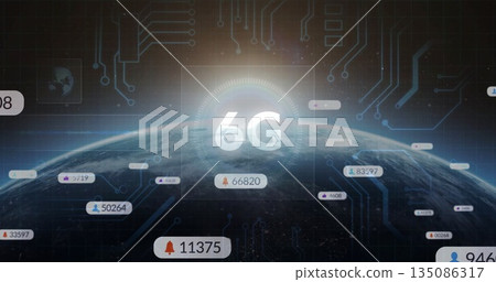 Displaying translucent 6G icon panel floating over Earth globe at night in space, with data labels Displaying translucent 6G icon panel floating over Earth globe at night in space, with data labels 135086317