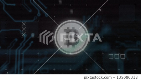 Glowing bitcoin logo flickering on interface, with circuit traces, glitch lines and grid markers 135086318