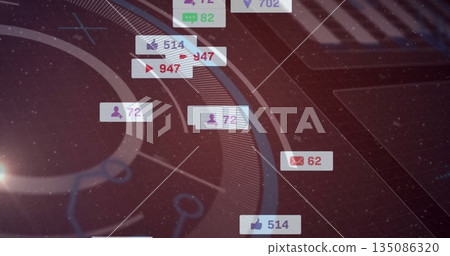 Displaying badges floating above tech dashboard with like, message, follower, comment  and  play ico 135086320