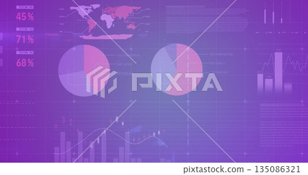 Data dashboard floating on grid, showing percentage metrics world map, pie, bar and line charts Data dashboard floating on grid, showing percentage metrics world map, pie, bar and line charts 135086321