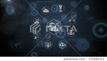 Displaying network interface on bluish-gray backdrop with central globe sync hexagon and tech icons 135086322