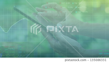 Mature woman tapping financial charts on smartphone in workspace, floating tickers and percentages Mature woman tapping financial charts on smartphone in workspace, floating tickers and percentages 135086331