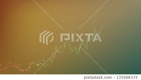 Displaying financial line chart on digital trading screen, with green-red segments and data markers Displaying financial line chart on digital trading screen, with green-red segments and data markers 135086335