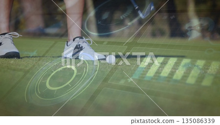 White and black golf shoes standing on putting green, with golf ball, putter head, overlay graphics White and black golf shoes standing on putting green, with golf ball, putter head, overlay graphics 135086339