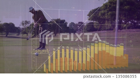 Golfer wearing polo shirt aligning putter with ball on putting green, with data overlay, copy space Golfer wearing polo shirt aligning putter with ball on putting green, with data overlay, copy space 135086355
