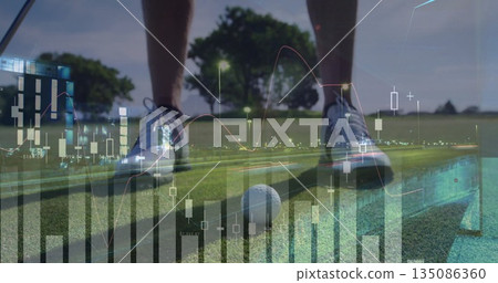 Aligning golfer in golf shoes lining up putt on putting green, with candlestick chart overlays 135086360