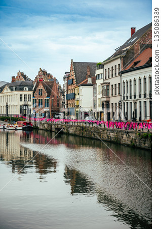 Ghent, Belgium - October 3, 2025 - Historical center of Ghent decorated for Pink October - Breast Cancer Awareness Month 135086389