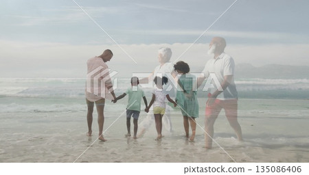 Walking multigenerational family holding hands wading into shallow surf on beach, distant mountains Walking multigenerational family holding hands wading into shallow surf on beach, distant mountains 135086406
