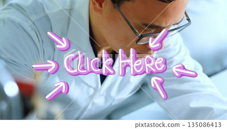 Leaning lab coat scientist checking beakers in laboratory, with safety goggles and purple overlay 135086413