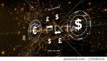 Displaying currency conversion in data tunnel, with euro and dollar icons and bidirectional arrows Displaying currency conversion in data tunnel, with euro and dollar icons and bidirectional arrows 135086419